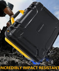 Rugged Waterproof Case For 20V Max Tire Inflator DCC020IB With Custom Foam Insert Dustproof And Shockproof Storage Bag shown outdoors
