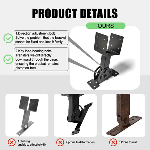 Product details showing Beefy Heavy Duty Roof Riser Brackets Kit Three Piece, Adjustable Angle Pergola Brackets with key features.