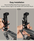 Bangin Universal Phone Holder Mount With Cold Shoe And Quick Release Clamp shown being installed on camera handle.