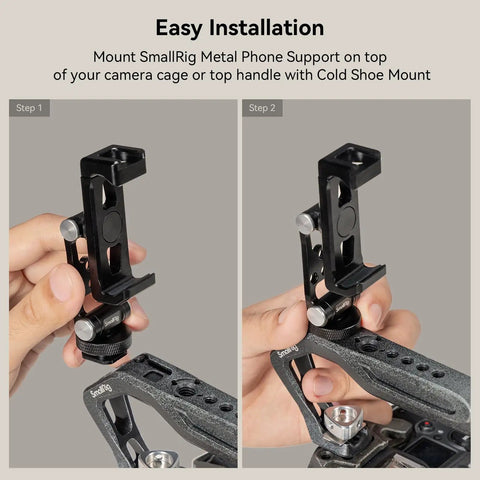 Bangin Universal Phone Holder Mount With Cold Shoe And Quick Release Clamp shown being installed on camera handle.