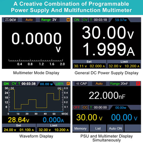Multifunction display of 2 In 1 Programmable Power Supply And Multimeter With Data Memory And USB Charging For Electronics Hobbyists