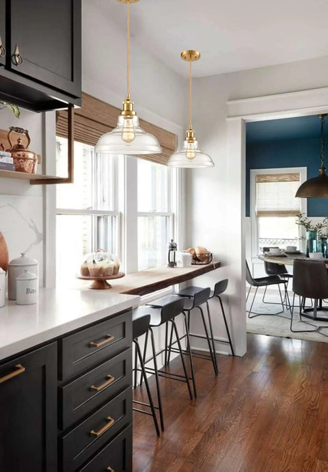 Brass Gold Glass Dome Pendant Lights Set Of 3 For Kitchen Island Sleek Industrial Modern Hanging Fixture With Handblown Clear Glass in kitchen setting