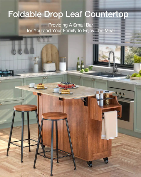 Drop Leaf Kitchen Island On Wheels With Two Drawers And Double Door Cabinets, Towel Rack, and Spice Rack in modern kitchen