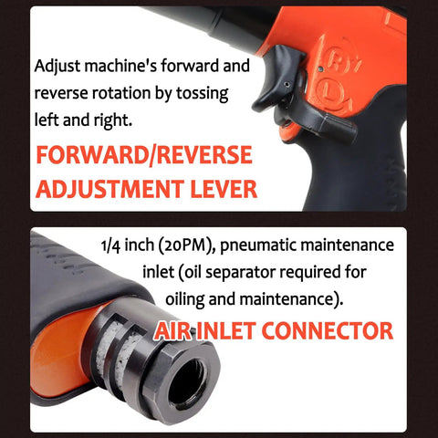 Heavy-Duty Pneumatic Pulse Torque Wrench showing forward/reverse adjustment lever and 1/4 inch air inlet connector.