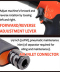Heavy Hitting Workhorse Pistol Grip Pneumatic Pulse Torque Wrench Featuring Knockout Power And Quick Swap Self Locking Chuck With Forward Reverse Switch Quarter Inch Air Input For Garage Crews showing forward/reverse adjustment lever and air inlet connector.