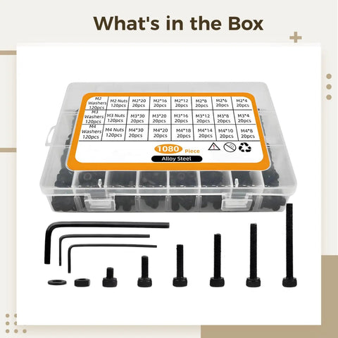 1080 Piece Stainless Steel Hex Socket Screw Kit With M2 M3 M4 Hardware, Washers And Nuts for Electronics, shown with Allen wrenches