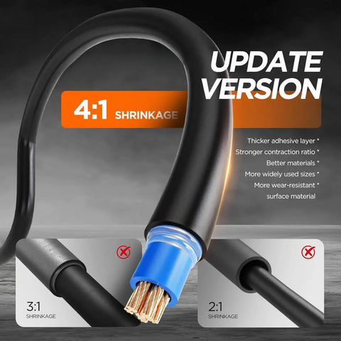 Grab This Fireproof Heat Shrink Tubing Kit With Glue Lined Sealing For Marine Wire Wraps 4 To 1 Shrink Ratio In Black Featuring 1000 Pieces And Seven Sizes. Black 4:1 adhesive-lined heat shrink tubing over blue wire