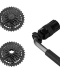 Chain Whip Tool Kit For Bicycle Cassette Removal Tool And Auxiliary Wrench Sprocket Remover Lockring Tool With Pin Black displayed with cassettes