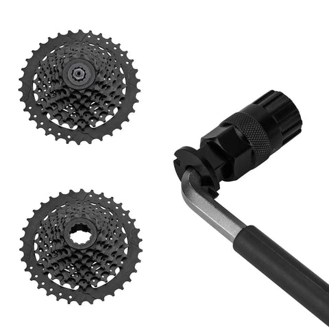 Chain Whip Tool Kit For Bicycle Cassette Removal Tool And Auxiliary Wrench Sprocket Remover Lockring Tool With Pin Black displayed with cassettes