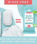 XL Shower Wipes For Adults No Rinse Bathing On The Go Clean Up Wipes next to soap and towel