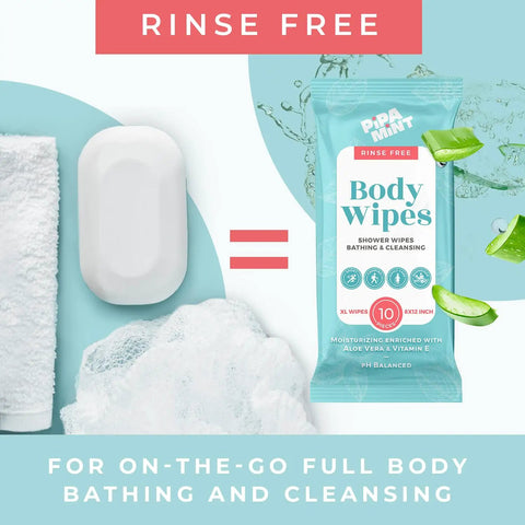 XL Shower Wipes For Adults No Rinse Bathing On The Go Clean Up Wipes next to soap and towel