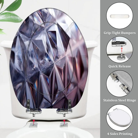 Elongated Quiet Close Toilet Seat for Bathroom featuring a diamond-patterned design, stainless steel hinges, and grip-tight bumpers.