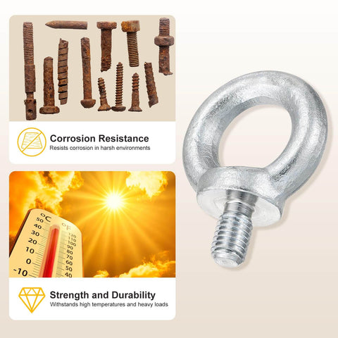 Close-up of a carbon steel heavy duty shoulder eye bolt for hoisting, showing corrosion resistance and durability features.