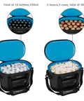 Heavy Duty Soft Sided Cooler Bag In Sleek Black With Thick Thermal Wrap To Keep Your Stash Bone Cold And Fully Leak Proof Carry All Fits Thirty Cans, shown filled with drinks.