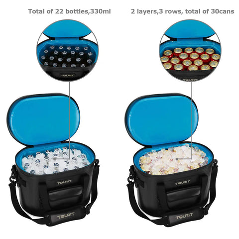 Heavy Duty Soft Sided Cooler Bag In Sleek Black With Thick Thermal Wrap To Keep Your Stash Bone Cold And Fully Leak Proof Carry All Fits Thirty Cans, shown filled with drinks.