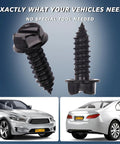 Black License Plate Screws 8 Pack With Rust-Proof Finish Eco-Friendly, close-up of screw design, installed on domestic vehicles.