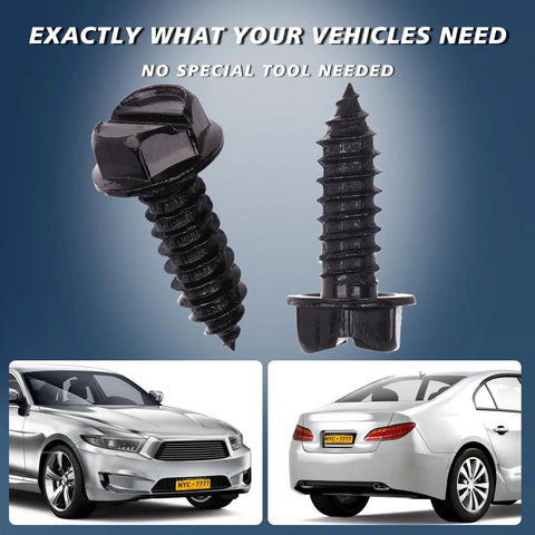 Black License Plate Screws 8 Pack With Rust-Proof Finish Eco-Friendly, close-up of screw design, installed on domestic vehicles.