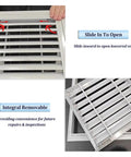 Heavy Duty Aluminum Louvered Vent For Cabinets Rock Solid Heat Dissipation Access Panel With Sleek Waterproof Finish Smooth Six By Fourteen Inch airflow cover showing sliding mechanism and removable design.