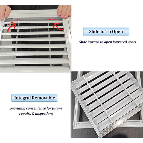 Heavy Duty Aluminum Louvered Vent For Cabinets Rock Solid Heat Dissipation Access Panel With Sleek Waterproof Finish Smooth Six By Fourteen Inch airflow cover showing sliding mechanism and removable design.