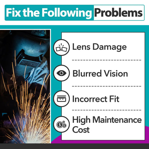 Welder with sparks and issues list for lens damage, blurred vision, incorrect fit, high maintenance cost. Replacement Lens Sets For Welding Helmets With Ultra Clear Inner And Outer Screens 20 Pcs Scratch Resistant Covers Fits Performance Series Models 299616 296756 296755 296753 296751 296757.