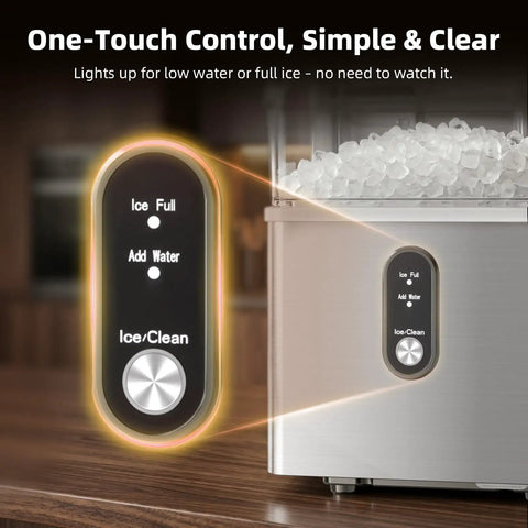 Close-up of Nugget Ice Maker Countertop With Fast 8 Minute Ice showing control panel and ice compartment