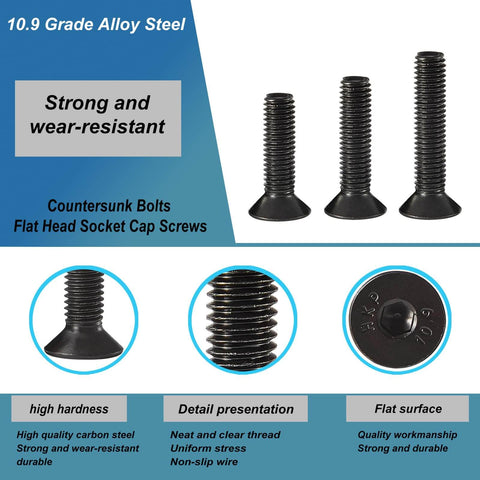 Heavy Duty M6 Flat Head Hex Socket Cap Screws Set, 8, 12, 16, 20, 25mm Lengths, Fully Threaded Countersunk Bolts, 10.9 Grade Alloy Steel