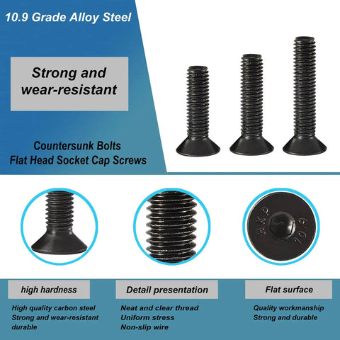 M4 Flat Head Hex Socket Cap Screws Set Includes 8Mm 12Mm 16Mm 20Mm 25Mm Lengths, Built Tough 100Pcs, 10.9 Grade Alloy Steel, Black Oxide Finish
