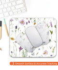 Flower Power Square Mouse Pad With Premium Texture Personalized Customizable Design Washable Surface Non Slip Rubber Base HD Full Color Print 9.5 by 7.9 Inch Computer Mouse Pad For Wireless Mice with floral design next to keyboard.