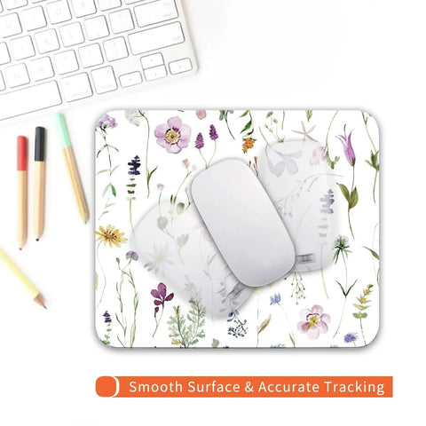 Flower Power Square Mouse Pad With Premium Texture Personalized Customizable Design Washable Surface Non Slip Rubber Base HD Full Color Print 9.5 by 7.9 Inch Computer Mouse Pad For Wireless Mice with floral design next to keyboard.