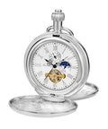 Silver Shield Mechanical Pocket Watch For Men With Double Cover Roman Numeral Dial Chain Included Vintage Dress Timepiece For Everyday Carry Great Gift For Him with open covers showing intricate dial.