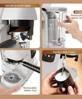 Top Shelf Daily Driver 20 Bar Espresso Machine With Built In Grinder and Power Steam Wand showing removable water tank and milk frothing.