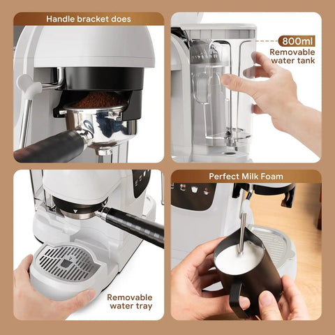 Top Shelf Daily Driver 20 Bar Espresso Machine With Built In Grinder and Power Steam Wand showing removable water tank and milk frothing.