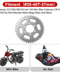40T Rear Sprocket For 35 Chain Go Kart Quad Mini Bike Dirt Bikes Replacement Part With Burn Marked Surface, shown above mini bike and go-kart.