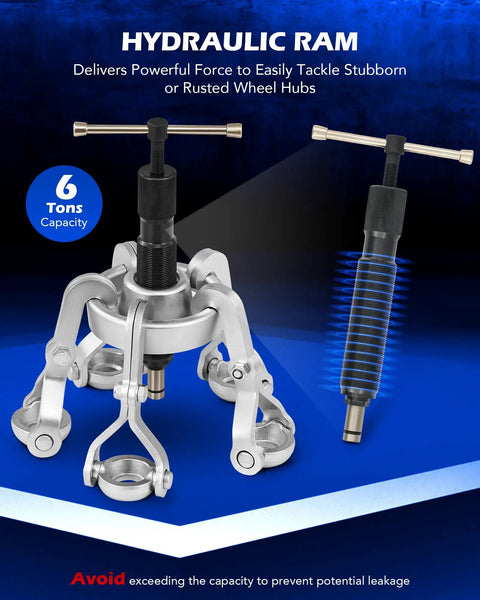Close-up of 6-ton hydraulic ram from Beefy Heavy Duty Wheel Hub Puller Kit With Hydraulic Ram And Adjustable Hooks For Cars Trucks Large Vehicles