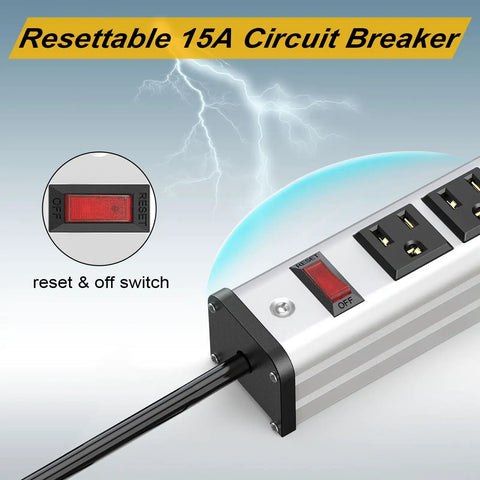 Close-up of 24 Outlet Heavy Duty Power Strip With 10 Ft Extension Cord, ETL Certified Metal Body. Resettable 15A Circuit Breaker.