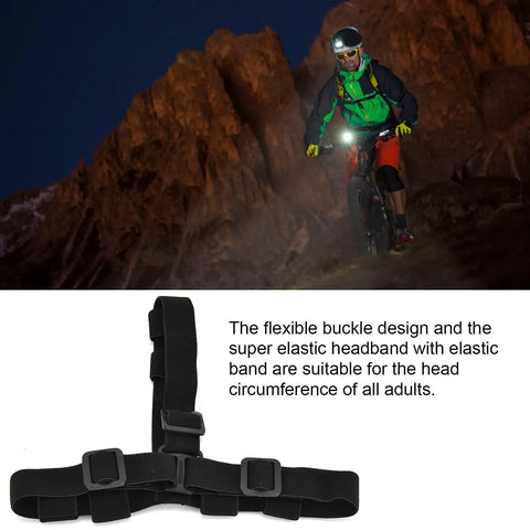 Adjustable LED Headlamp Strap With Three Sided Angled Mount for camping and riding, featuring elastic band and buckle.