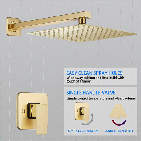 Brushed Gold Shower Faucet Set With Rough-In Valve And 10 Inch Square Stainless Steel Rainfall Shower Head, Single Function Trim Kit For Easy Install, Modern Bath Spa System With 1.75 GPM Flow