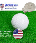 Six Piece Golf Ball Markers With Magnetic Hat Clips Value Set featuring American flag design marker and disc on green turf