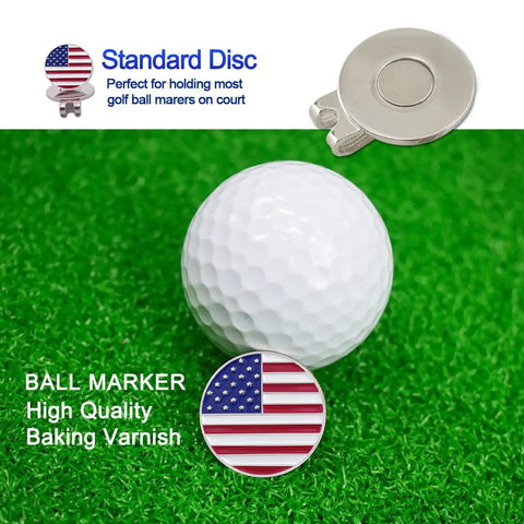 Six Piece Golf Ball Markers With Magnetic Hat Clips Value Set featuring American flag design marker and disc on green turf