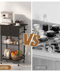 Before and after of the Slick Black Five Tier Coffee Cart Compact Game Changer Bar Station For Tiny Kitchens.