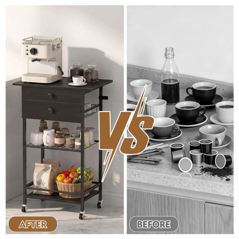 Before and after of the Slick Black Five Tier Coffee Cart Compact Game Changer Bar Station For Tiny Kitchens.