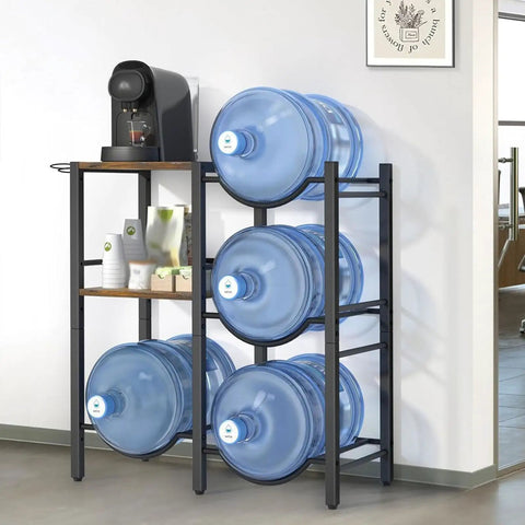 Heavy Duty Water Jug Rack With Shelf For Bottles, Space Saving Dispenser Storage Organizer shown with blue water jugs and coffee maker.