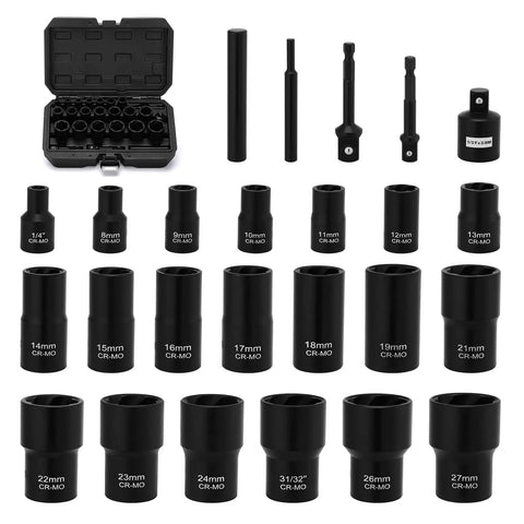 25 Piece Bolt Nut Extractor Set With Three Eighths Inch And One Half Inch Drive Heavy Duty Impact Lug Nut Remover Sockets