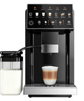Top Shelf Automatic Espresso Machine With Built In Grinder And Touch Panel For Fire Lattes And Creamy Cappuccinos Fuel Daily Sips At Twenty Bar Across Fifteen Settings With Effortless Self Cleaning featuring milk container and layered latte.