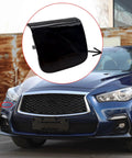 Infiniti Q50 Front Right Bumper Tow Eye Cover Cap Replacement For 2018 2019 2020 shown on car and separately.