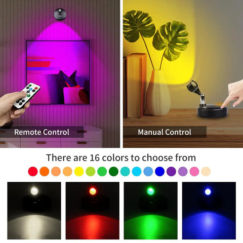 Wireless Spotlight Set With Remote Control Battery Powered LED Grow Lights showcasing 16 RGBW colors, highlighting wall art and plants.
