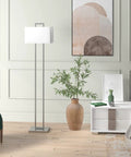 Tall 68 Inch Floor Lamp With White Fabric Rectangle Shade in Brushed Silver Finish for Living Room, Bedroom, or Office includes easy to use 8 foot cord in modern room setting
