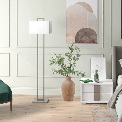 Tall 68 Inch Floor Lamp With White Fabric Rectangle Shade in Brushed Silver Finish for Living Room, Bedroom, or Office includes easy to use 8 foot cord in modern room setting