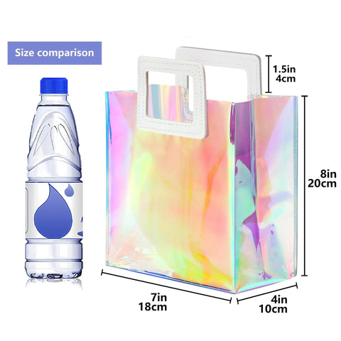 Holographic Gift Bags With Handles And Tissue Paper Sheets Included, Iridescent Transparent Reusable Purple Gift Bag, size comparison with bottle