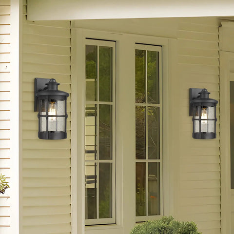 Outdoor Wall Sconce Lighting Fixture Finished In Black With Seeded Glass Set Of 2 For Exterior Walls Perfect For Entryways Porches Patios And More Durable Metal Exterior Lighting 7.5 In Tall 6.5 In Wide 12.2 In High installed on exterior wall